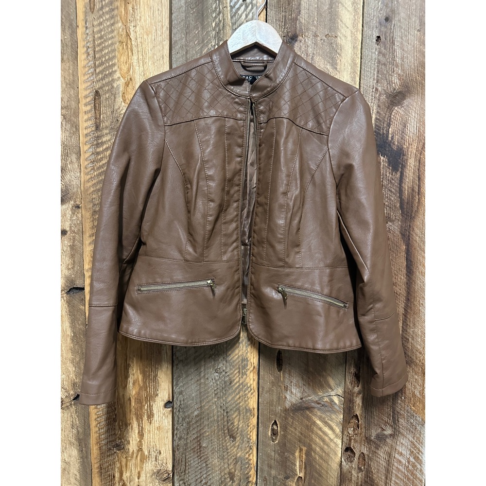 Brown Faux Leather Moto Jacket Womens PL Urban Minimalist Chic Western Glam